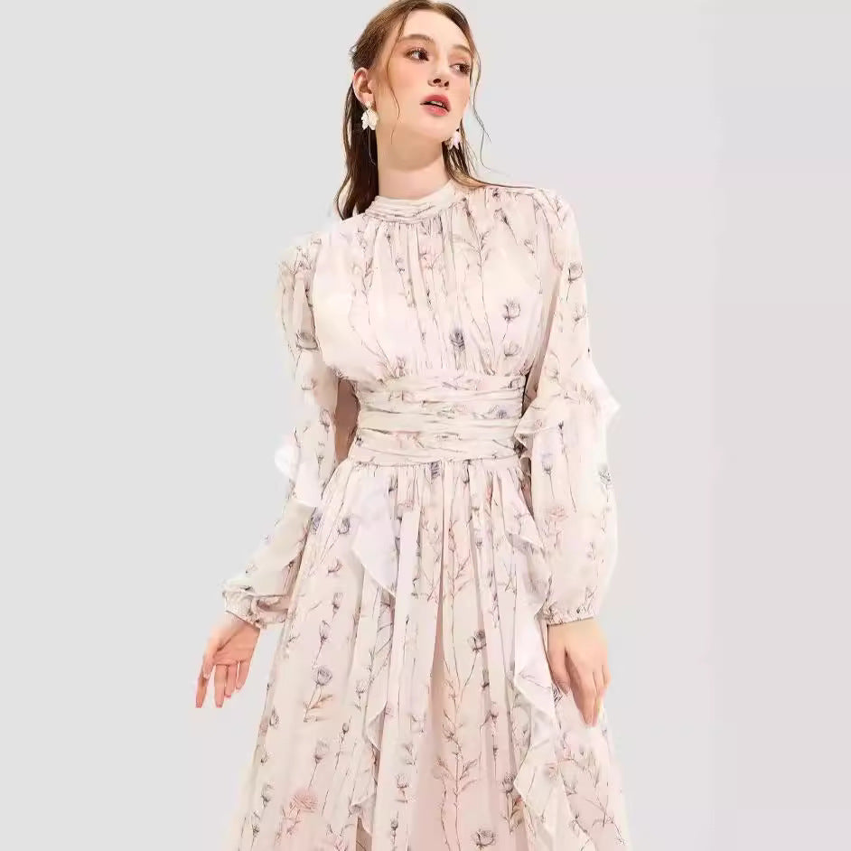 Women's midi dress with floral embroidery and elegant ruffled hem Lisslune