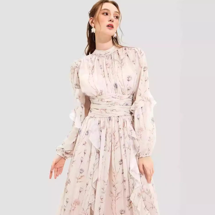 Women's midi dress with floral embroidery and elegant ruffled hem Lisslune