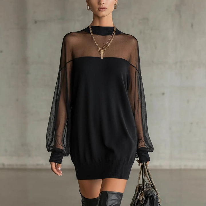 Women's Airy Mini Dress with Transparent Sleeve Parts and Stylish High Neck Lisslune