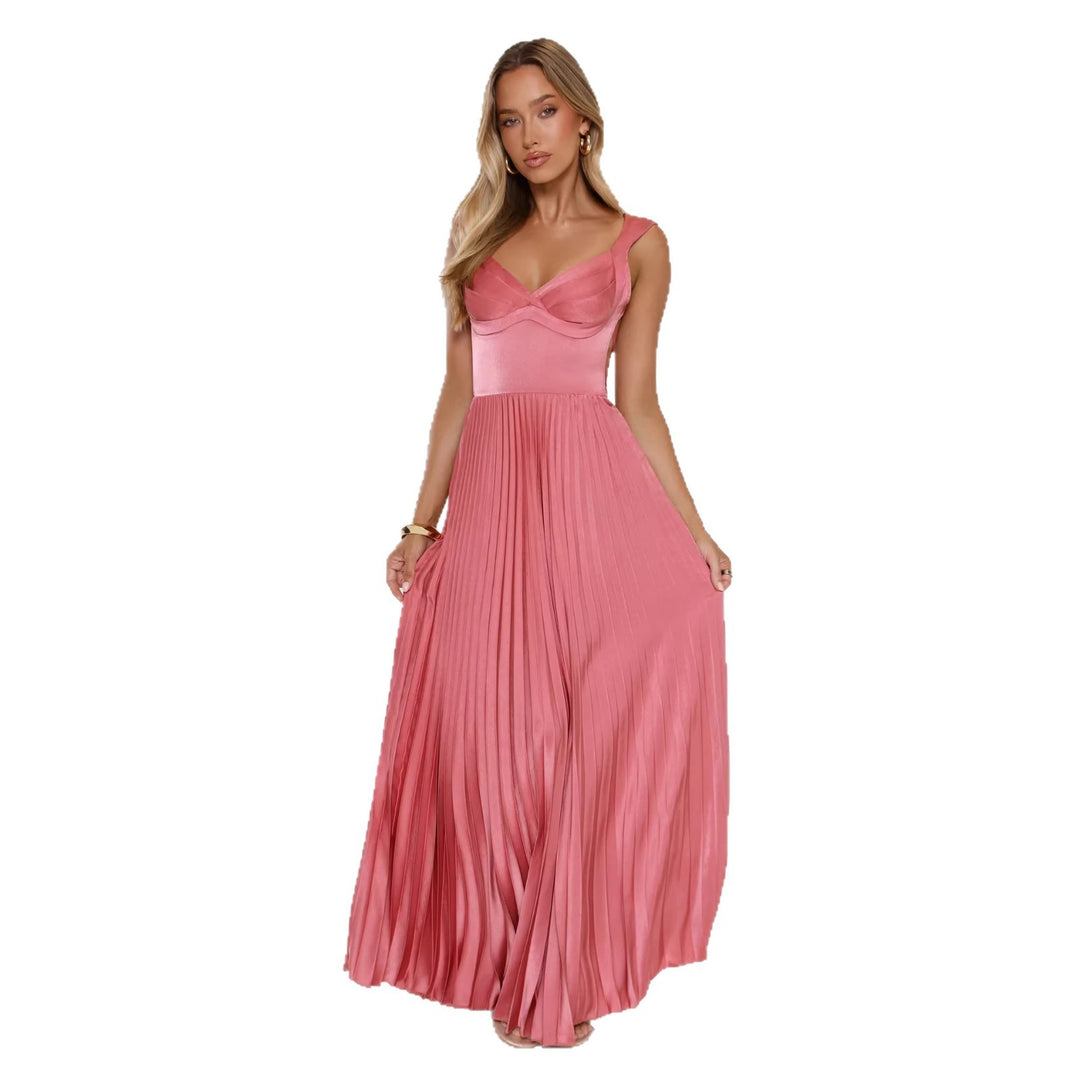 Women's Pleated Maxi Dress with Flattering V-Neck and Feminine Design