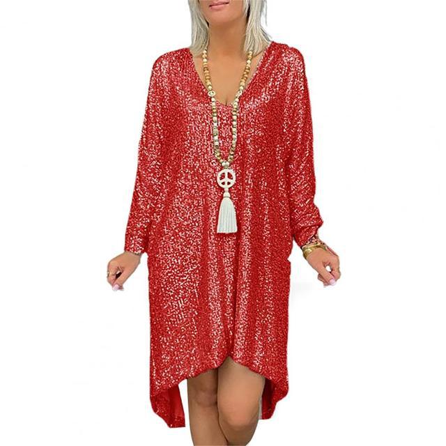 Ladies Sparkling Oversized Dress with V-Neck and Long Sleeves Lisslune
