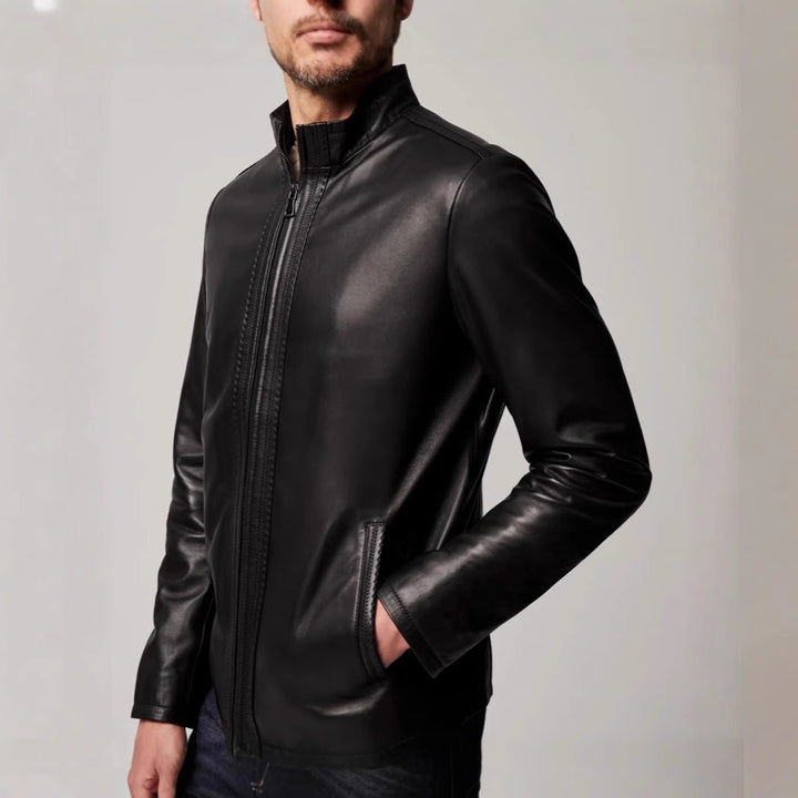 Men's elegant leather jacket with high collar and subtle details Lisslune