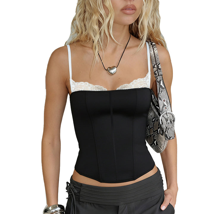 Women's corset top with lace trim and figure-shaping cut