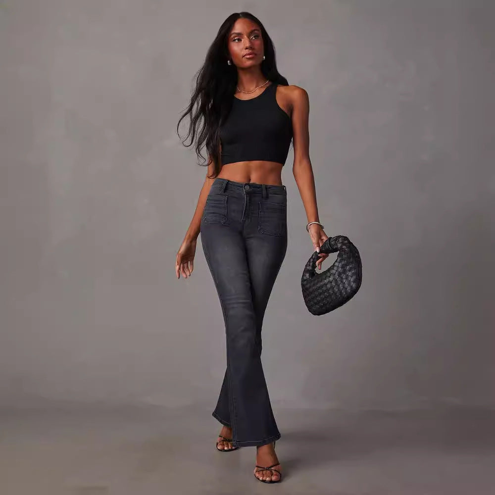 Women Flared Jeans with High Waist and Textured Denim Lisslune