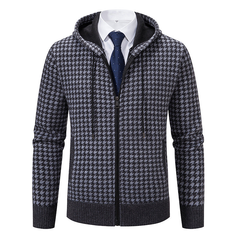 Men's comfortable knitted pullover with modern check pattern and hood Lisslune