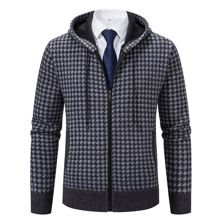 Men's comfortable knitted pullover with modern check pattern and hood Lisslune