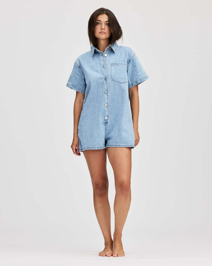 Women's Denim Overall with Short Sleeves and Practical Pockets Lisslune