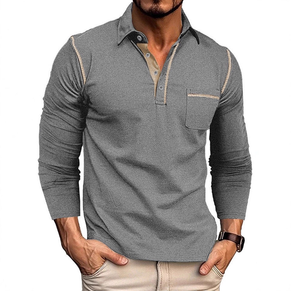 Men's stylish long sleeve polo shirt with practical chest pocket and elegant contrast details Lisslune