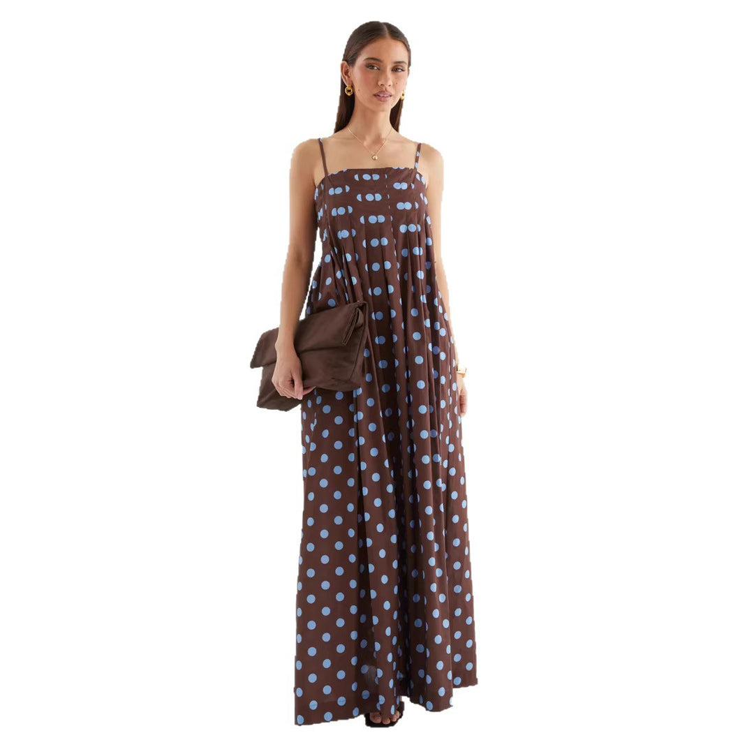 Women’s maxi dress with playful polka dot pattern and off-the-shoulder straps