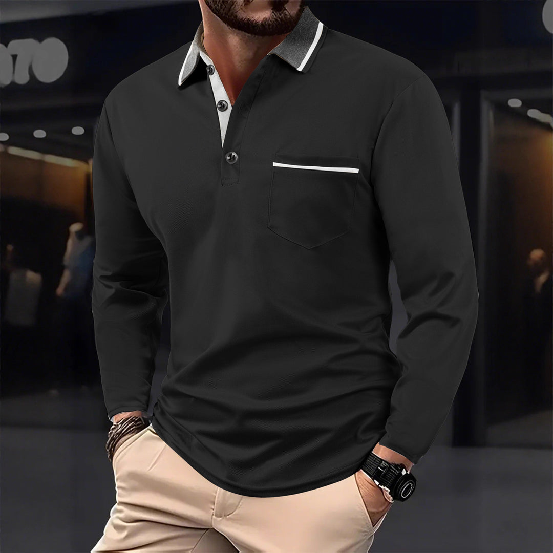 Men's Long Sleeve Polo Shirt with Textured Collar and Chest Pocket Lisslune