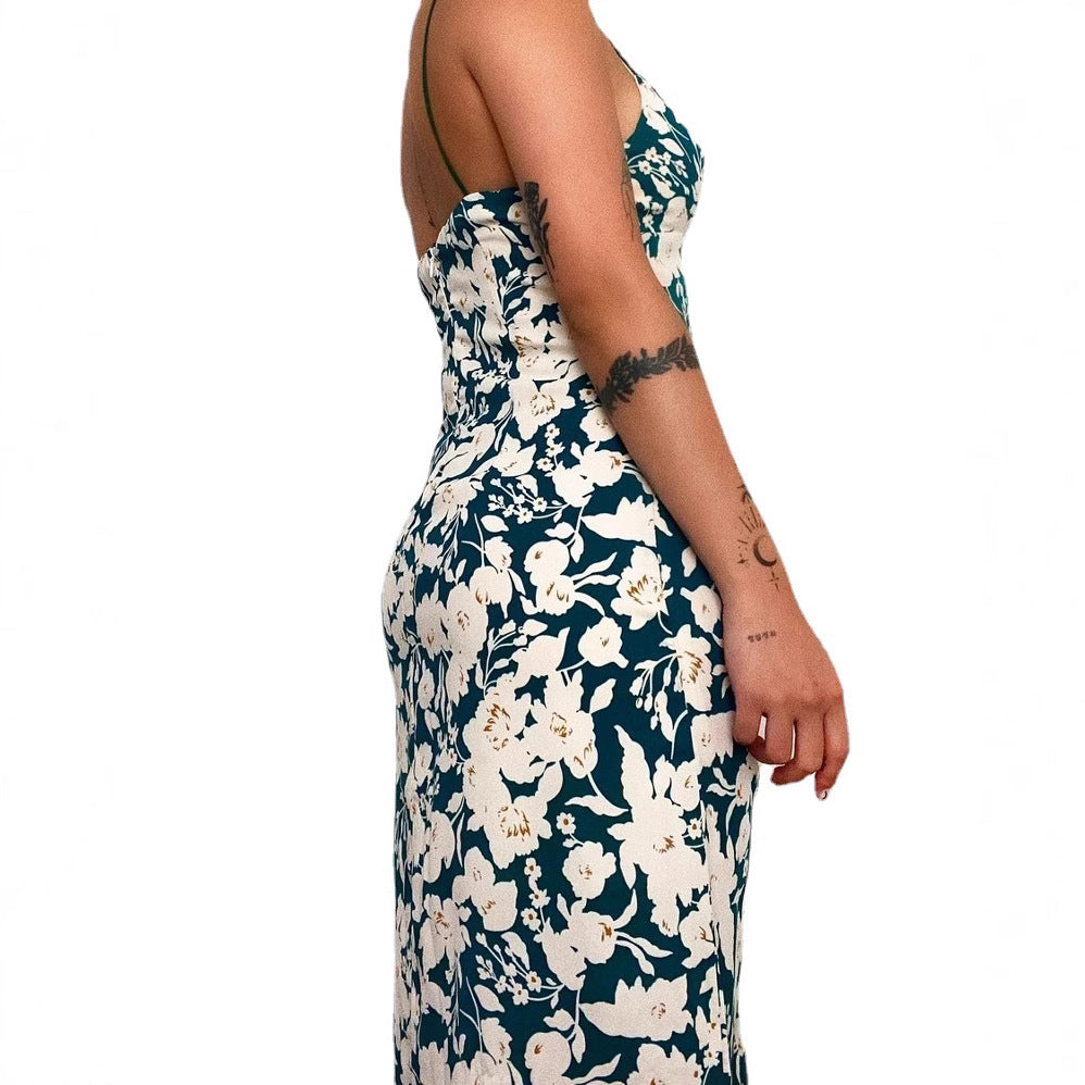 Ladies spaghetti strap maxi dress with floral design and high slit Lune London
