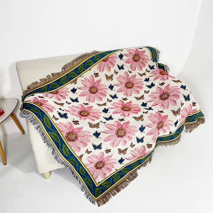 Rynx | Apartment decor inspiration Household flowers sofa blanket Polyester cotton 130 * 160cm with tassels Universal lounge blanket Coffee table tablecloth