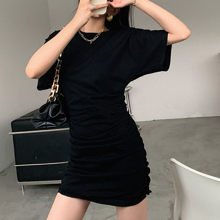 Ladies elegant mini dress with gathering and deep V-neck