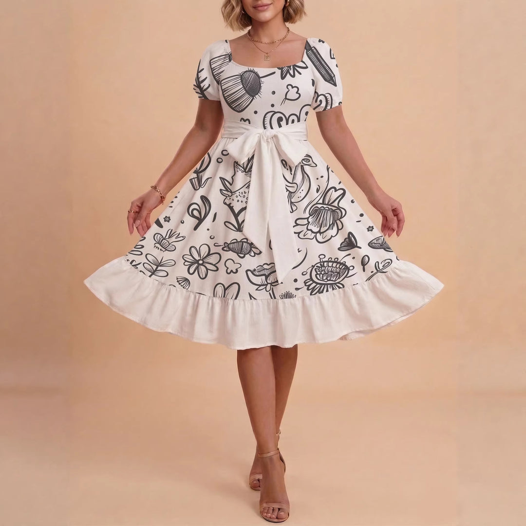 Women's Midi Dress with Elegant Floral Print and Fitted Belt Lisslune