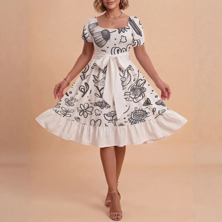 Women's Midi Dress with Elegant Floral Print and Fitted Belt Lisslune