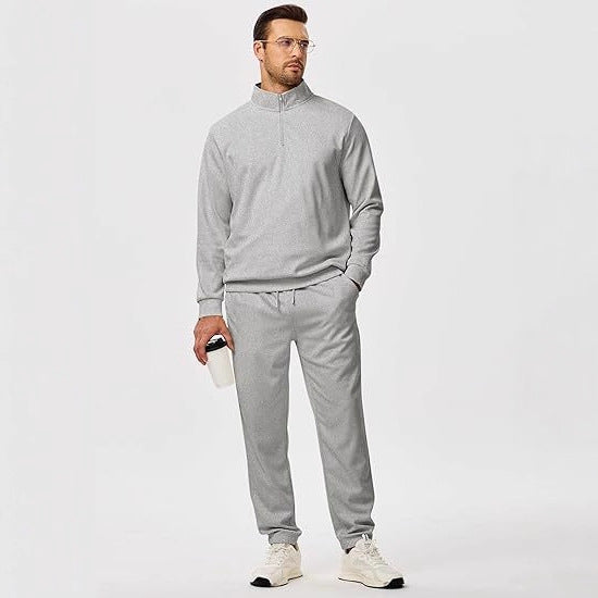 Men's leisure suit with modern stand-up collar and practical zipper pockets Lisslune