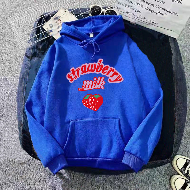 Ladies hooded sweatshirt with cheerful strawberry milk design Lisslune