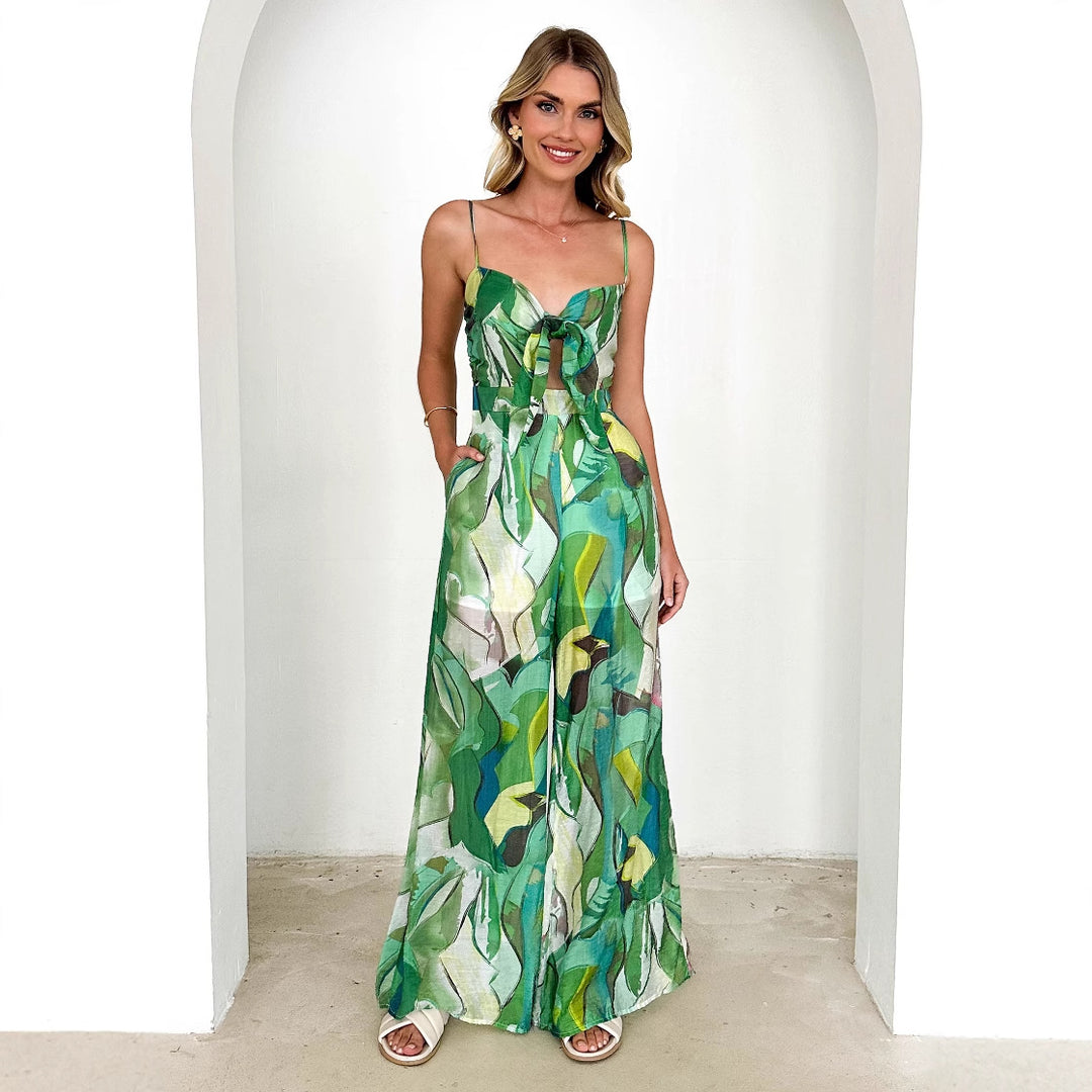 Ladies Elegant Jumpsuit with Floral Design and Adjustable Spaghetti Straps Lisslune