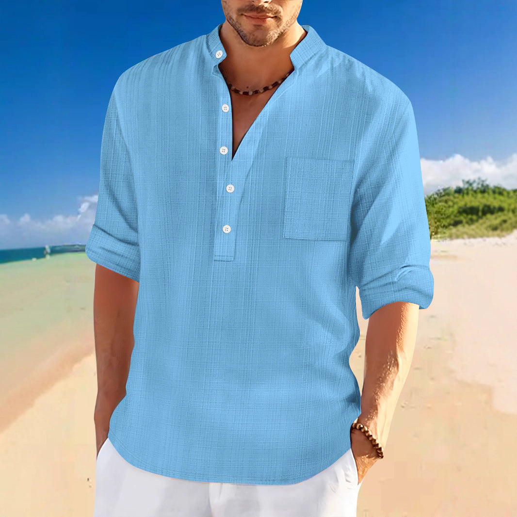 Men's casual short-sleeve shirt with modern stand-up collar and chest pocket Lisslune