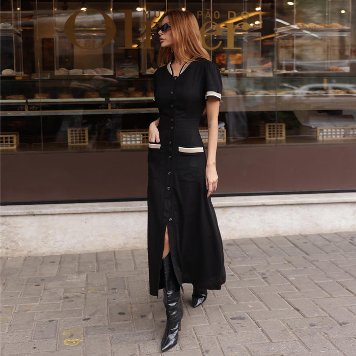 Women's maxi dress with elegant button placket and side slit