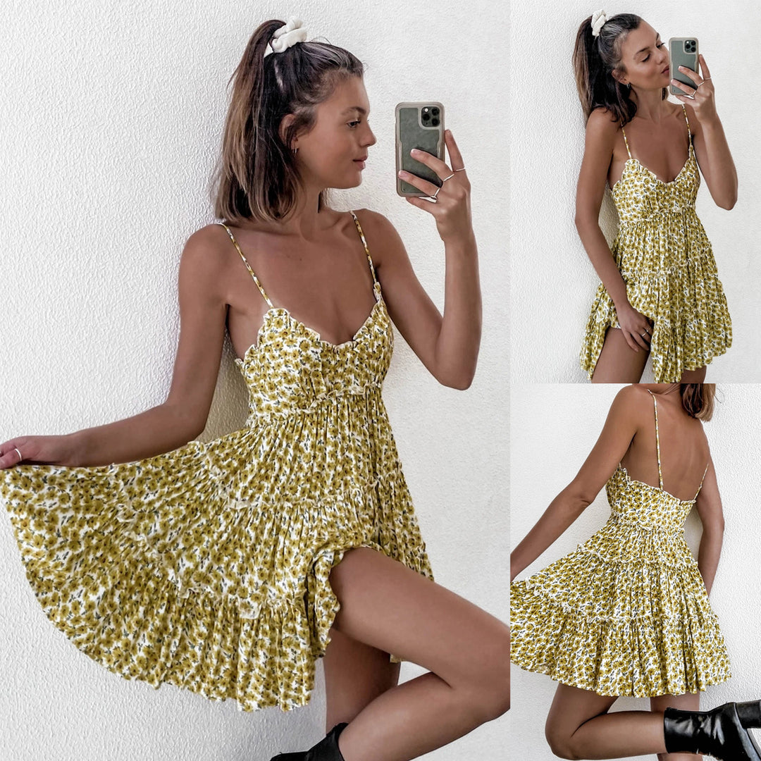 Women's Summer Ruffled Dress with Adjustable Straps and Flowing Cut