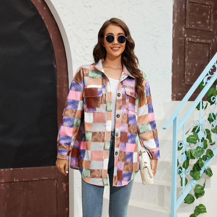 Ladies Checked Flannel Jacket with Practical Pockets and Oversized Cut
