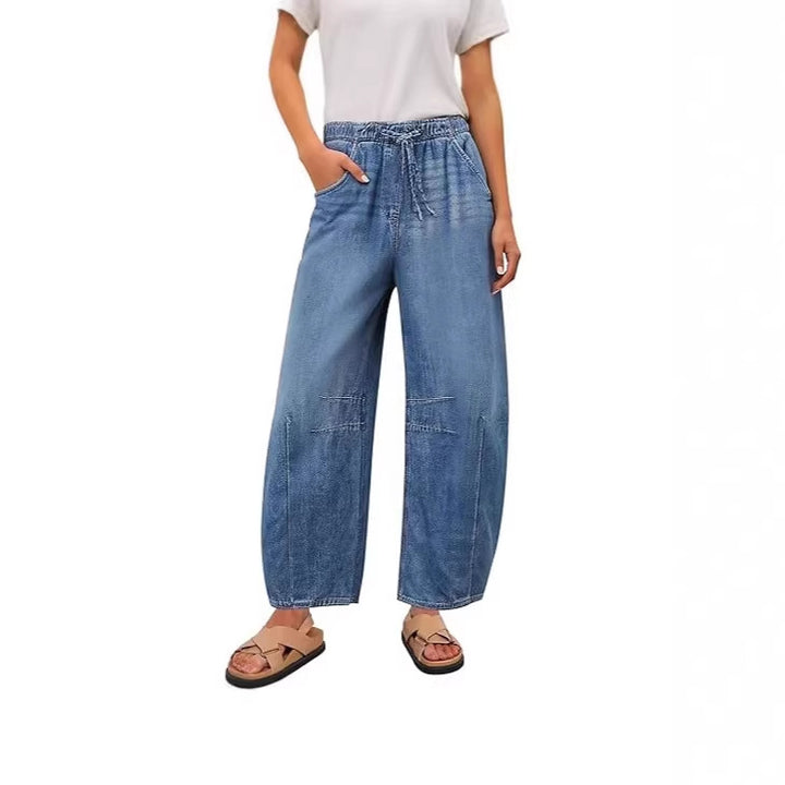 Damen weite Denim-Hose mit elastischem Bund und praktischem Schnitt Lisslune
