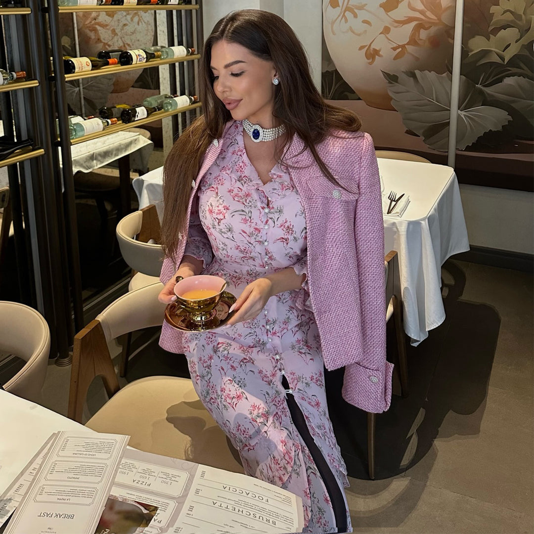 Ladies ruffle dress with floral design and elegant V-neck
