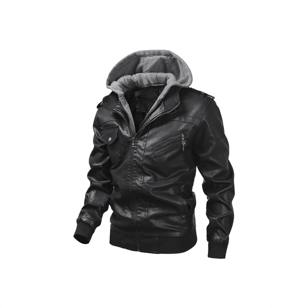 Men's synthetic leather jacket with detachable hood and multifunctional pockets Lisslune