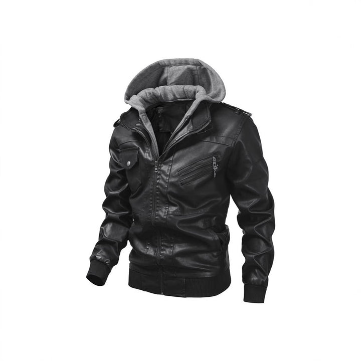 Men's synthetic leather jacket with detachable hood and multifunctional pockets Lisslune