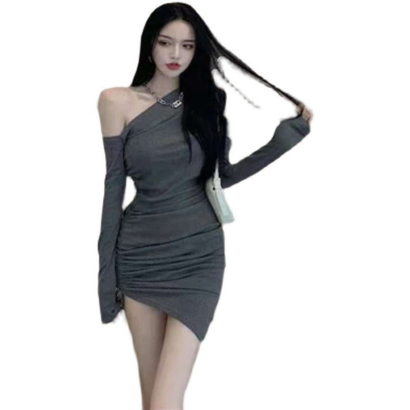 Women's Elegant Mini Dress with Asymmetrical Neckline and Figure-Hugging Gathering Effect