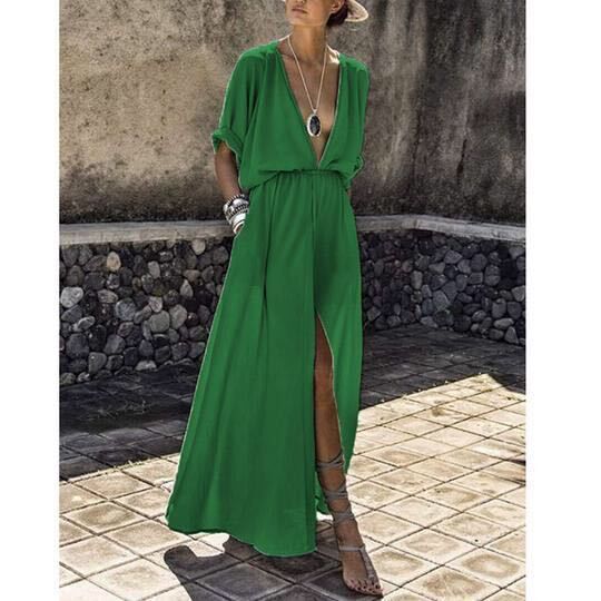 Women's Elegant Maxi Dress with Deep V-Neck and High Slit Lisslune