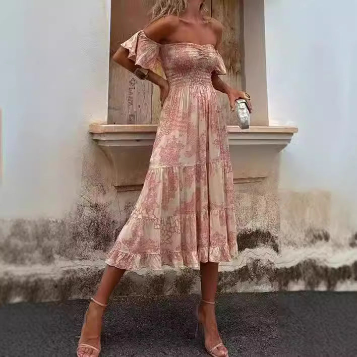 Women's Off-Shoulder Maxi Dress with Ruffle Details and Elastic Waistband Lune London
