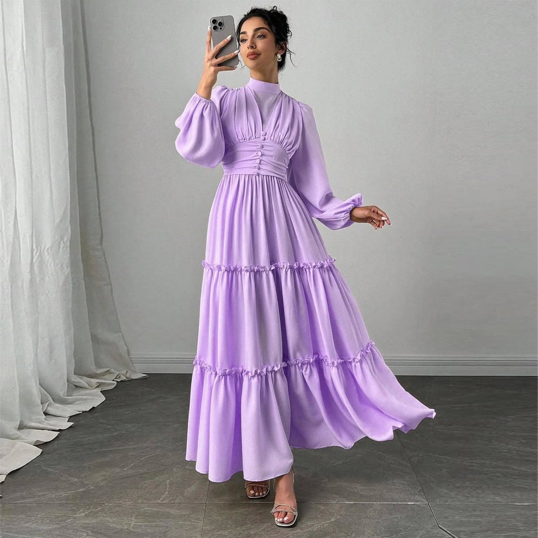 Ladies Maxi Dress with Elegant Ruffle Details and Gathered Top
