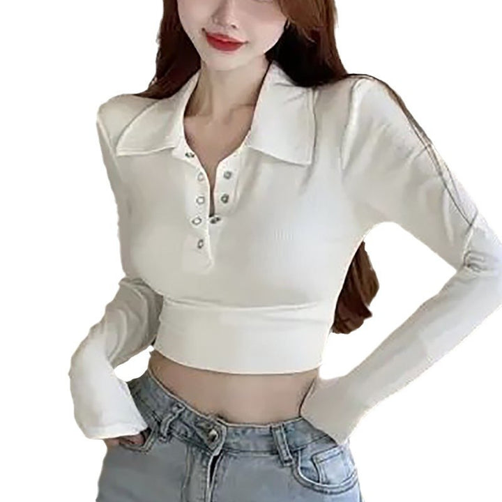 Women's Long Sleeve Crop Top with Classic Collar and Snap Buttons