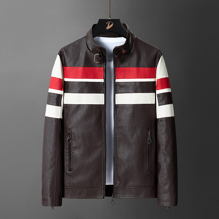 Men's synthetic leather jacket with sporty design and contrasting stripes Lisslune