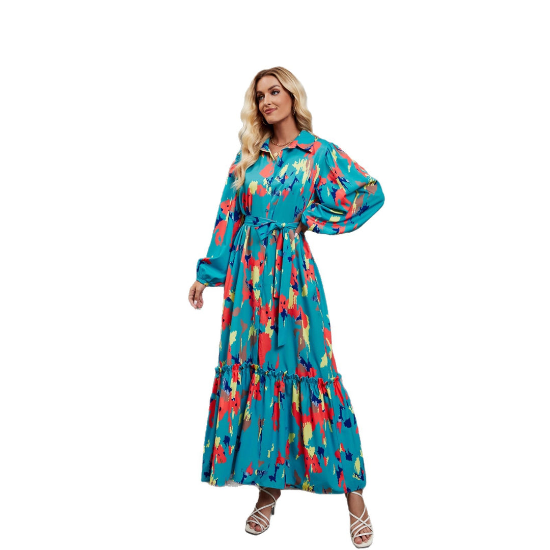 Women's maxi dress with colorful floral design and elegant waist belt