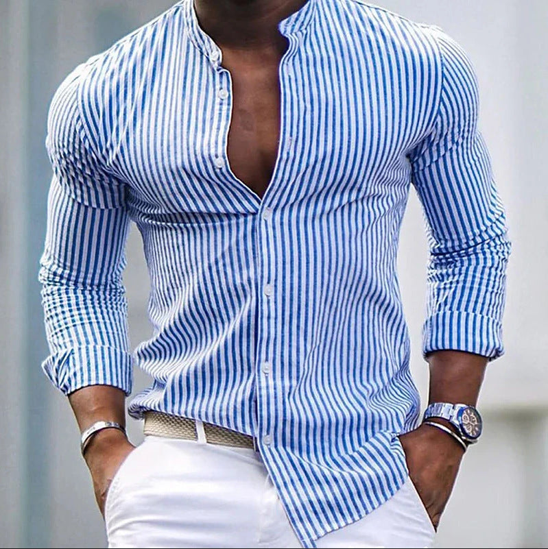 Men's long-sleeve shirt with modern stand-up collar and fine stripe structure Lisslune