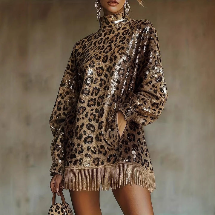 Women Glittering Short Dress with Leopard Pattern and Fringes Lisslune