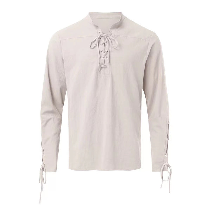 Men's Long Sleeve Linen Shirt with Modern Lace-Up Design Lisslune