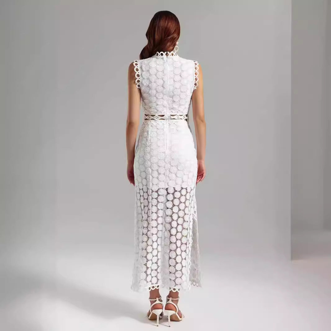 Women's Elegant Lace Maxi Dress with Transparent Inserts and Decorative Ruffle Details
