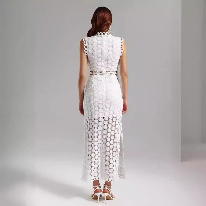 Women's Elegant Lace Maxi Dress with Transparent Inserts and Decorative Ruffle Details