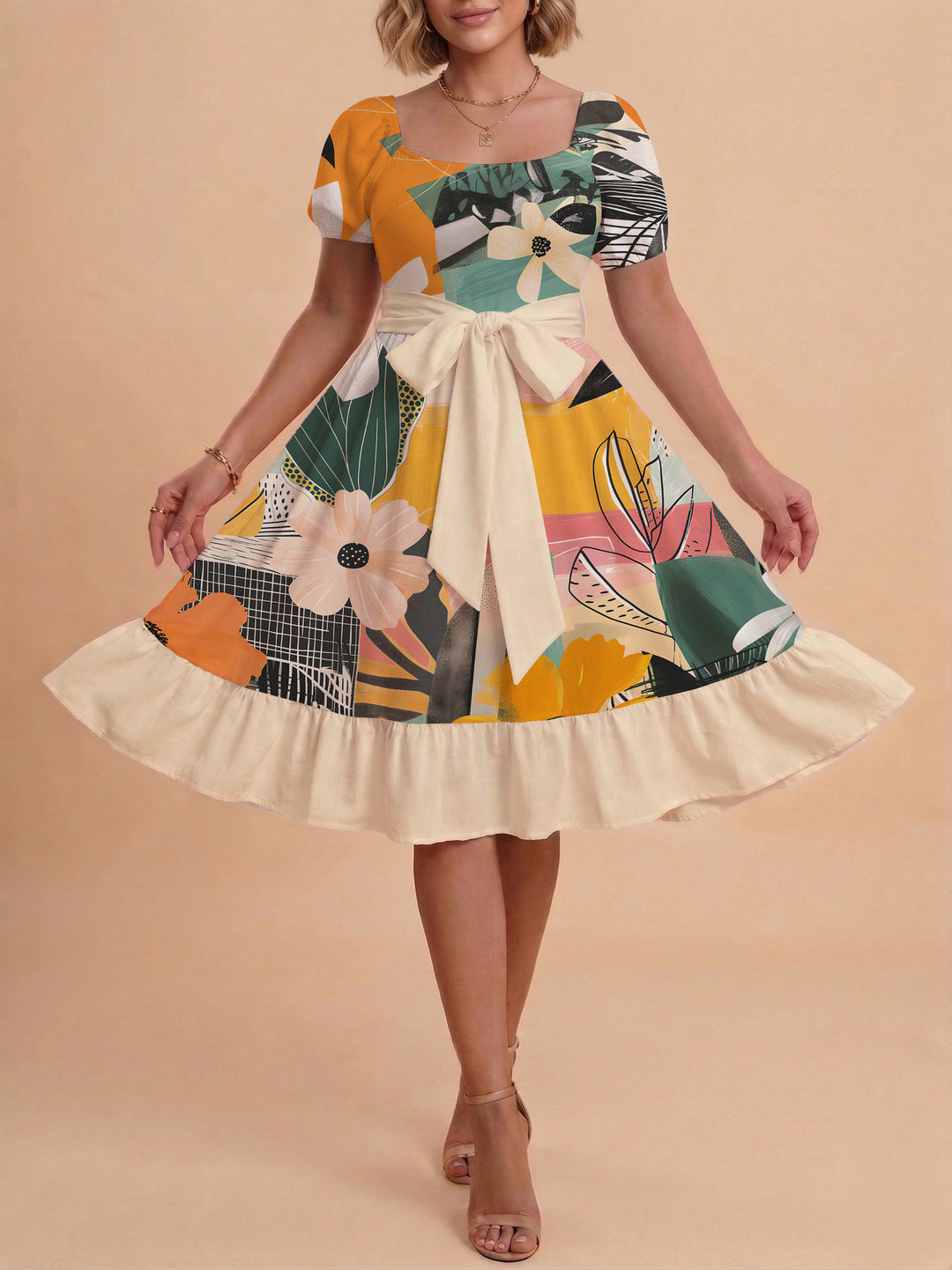 Women's Midi Dress with Elegant Floral Print and Fitted Belt Lisslune