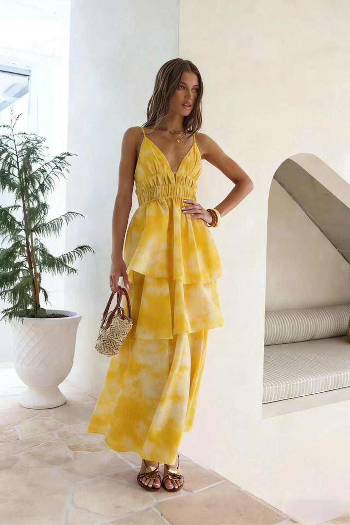 Women’s maxi dress with voluminous ruffle layers and V-neck