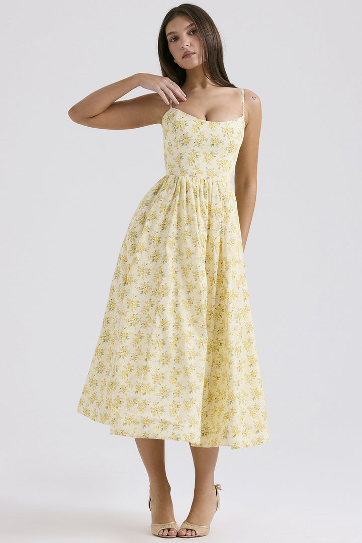 Women’s midi floral dress with strapless style and swinging skirt Lisslune