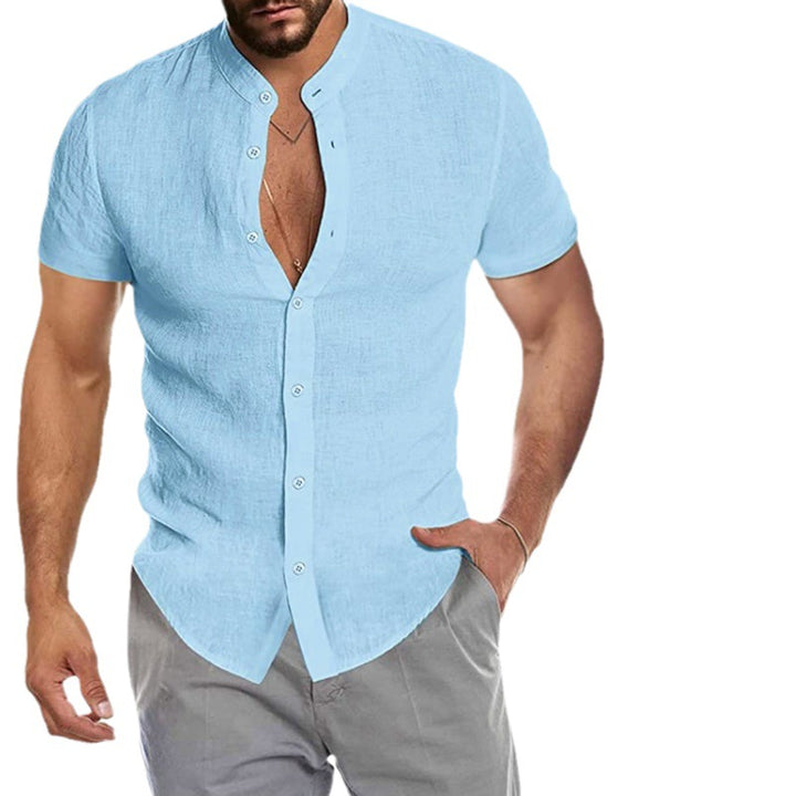 Men's short-sleeve shirt with modern stand-up collar and sophisticated button detail Lisslune