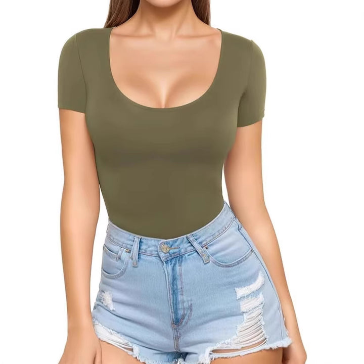 Damen figurbetontes Kurzarm-Body mit rundem Ausschnitt und nahtlosem Design Lisslune