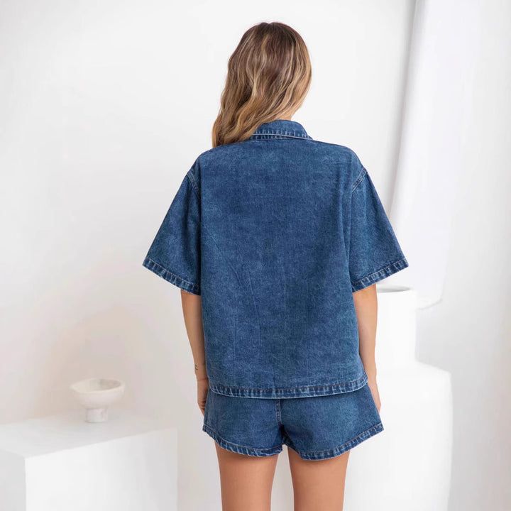 Women's denim shirt and shorts set in trendy style Lisslune