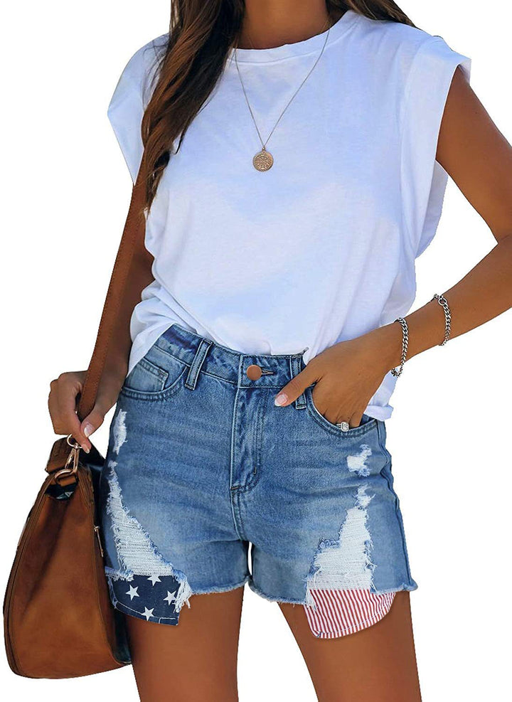 Women's Destroyed Denim Shorts with Creative Patch Details Lisslune
