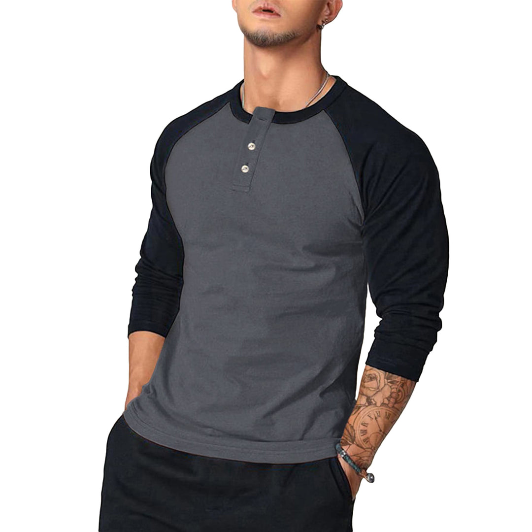 Men's Long Sleeve Henley Shirt with Contrast Sleeves Lisslune